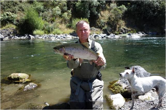 Mohaka river Ian Ruthven guide with his fox terrier 